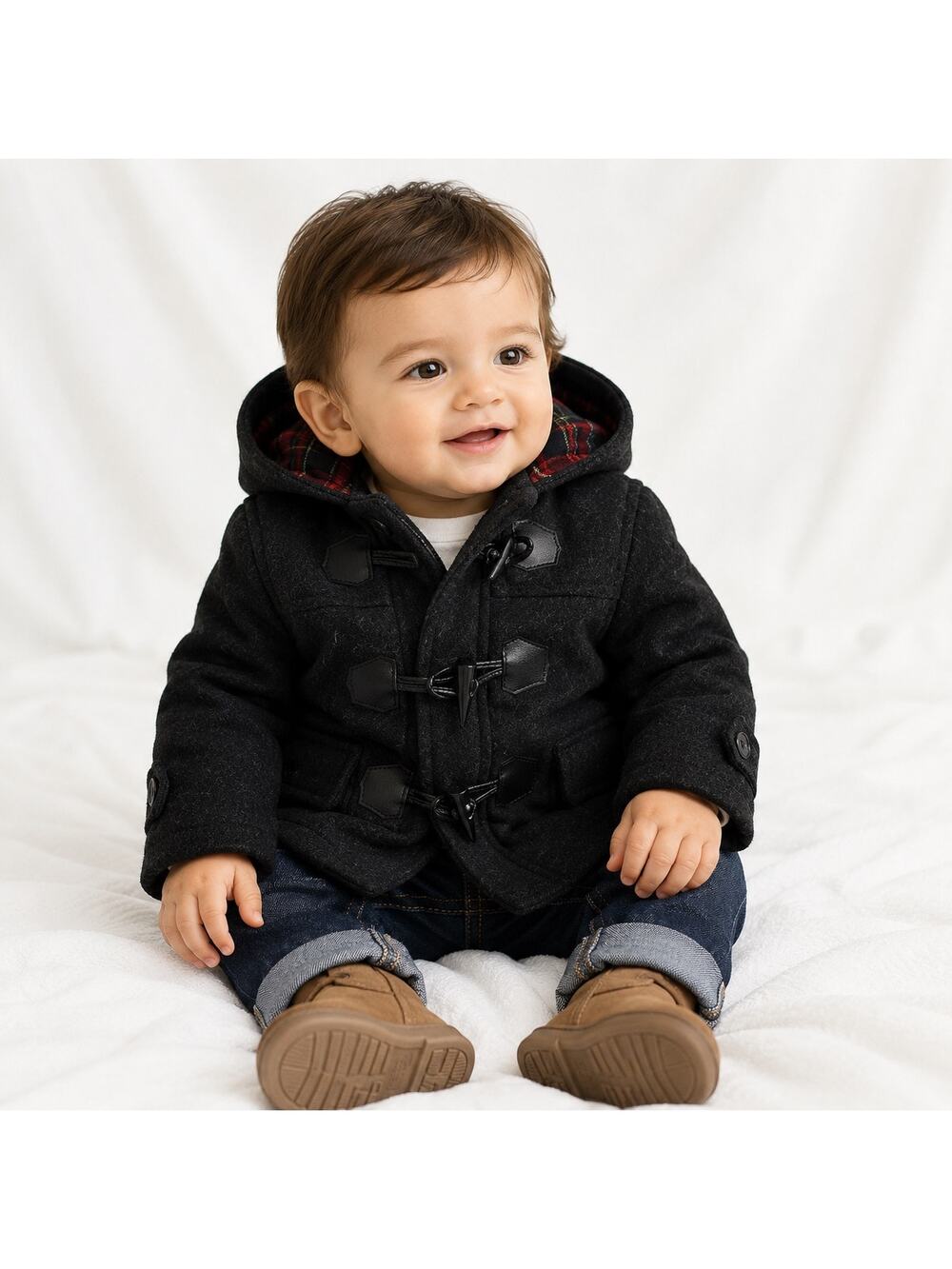 Urban Republic Wool Pea Coat 12M NWT Black Hood Toggle Plaid Winter Classic Luxe